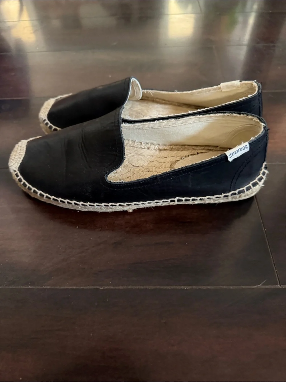Soludos Black Leather Espadrille Slip-On Flats with Natural Jute Trim Size 9